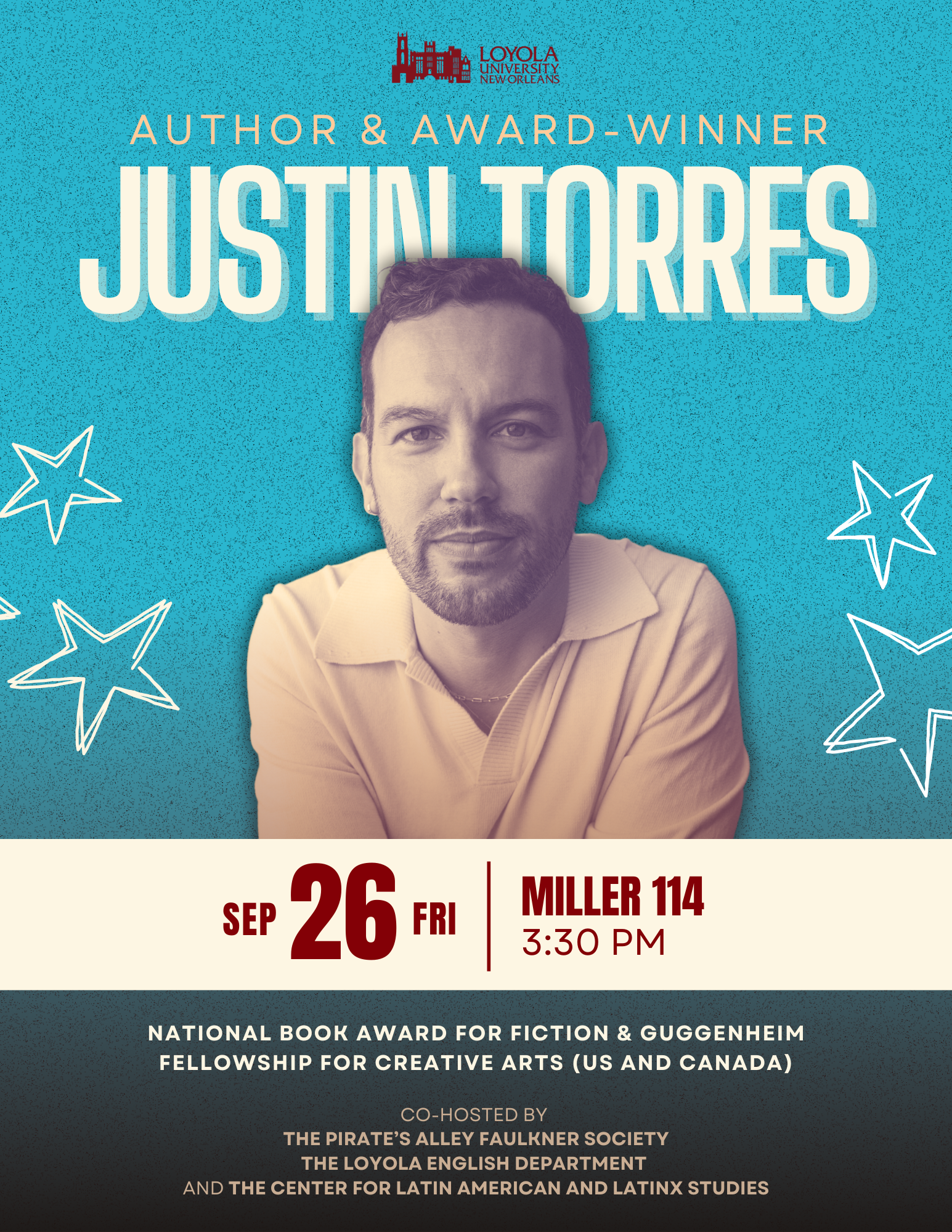 Flyer for Justin Torres event. The flyer has a blue background. Torres is centered with his name in bold at the top. 