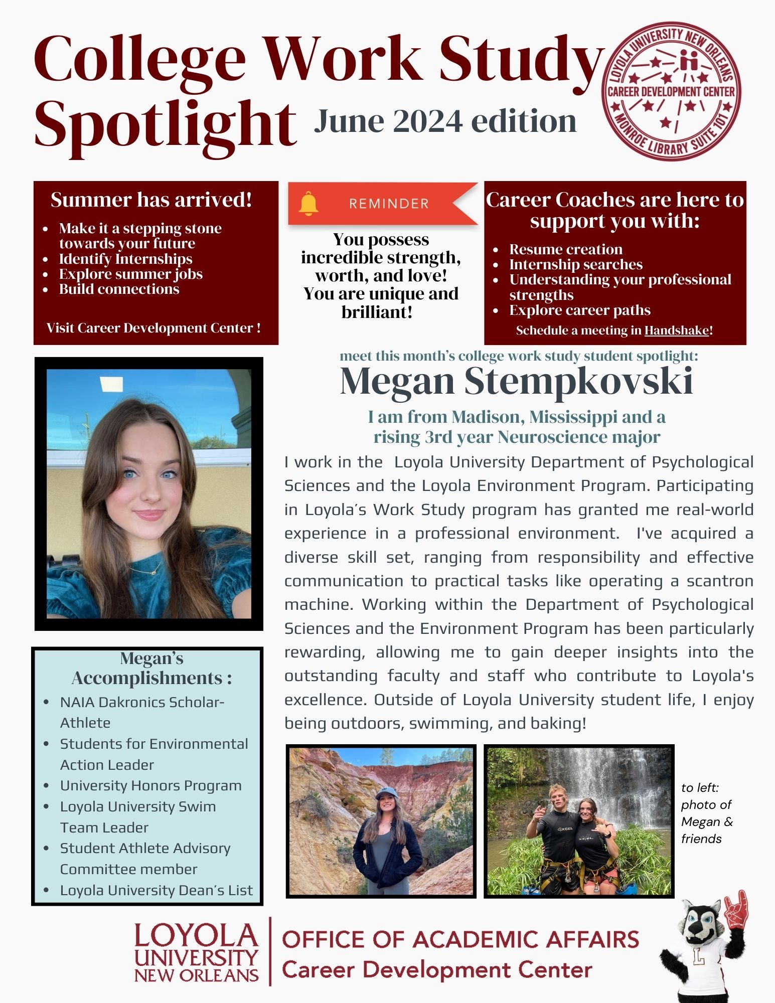 Congratulation to Megan Stempkovksi: June's College Work Study Spotlight Winner